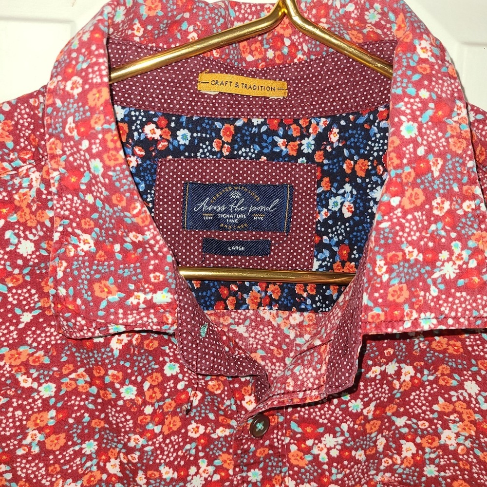 Across The Pond Mens L Button Up Shirt 100% Cotton Short Sleeve Smart Casual